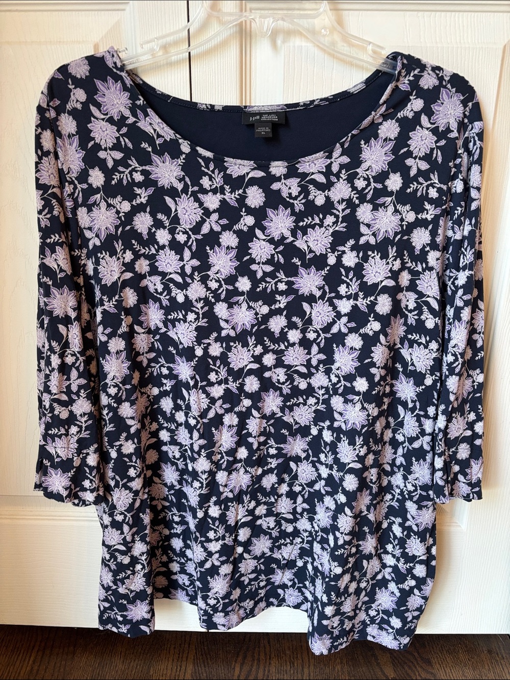 J. Jill wearever Navy purple Floral Scoop Neck stretchy Women’s Top blouse XL